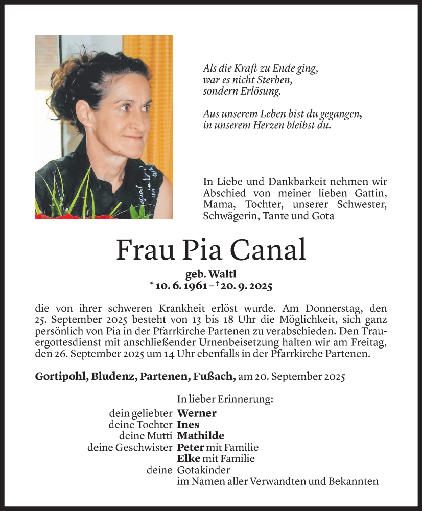  Todesanzeige für Pia Canal vom 23.09.2025 aus Vorarlberger Nachrichten
