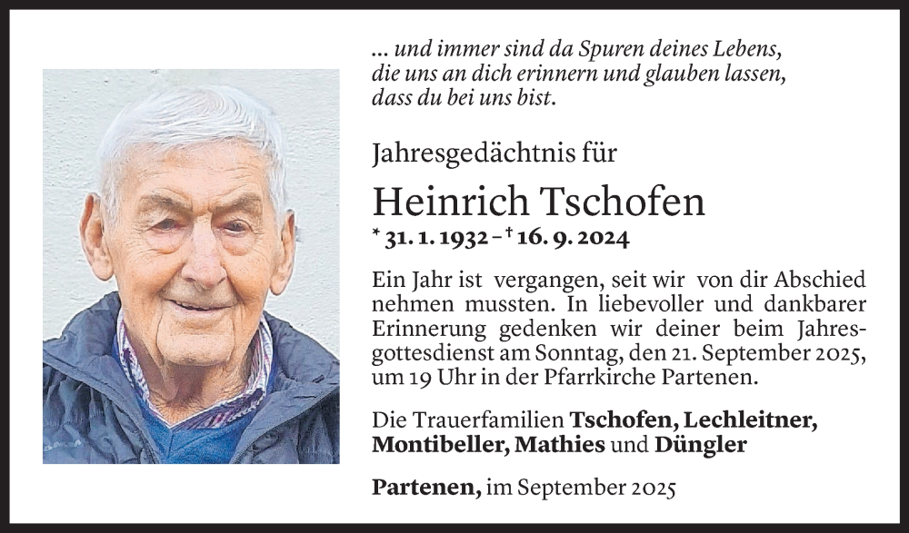  Todesanzeige für Heinrich Tschofen vom 15.09.2025 aus Vorarlberger Nachrichten