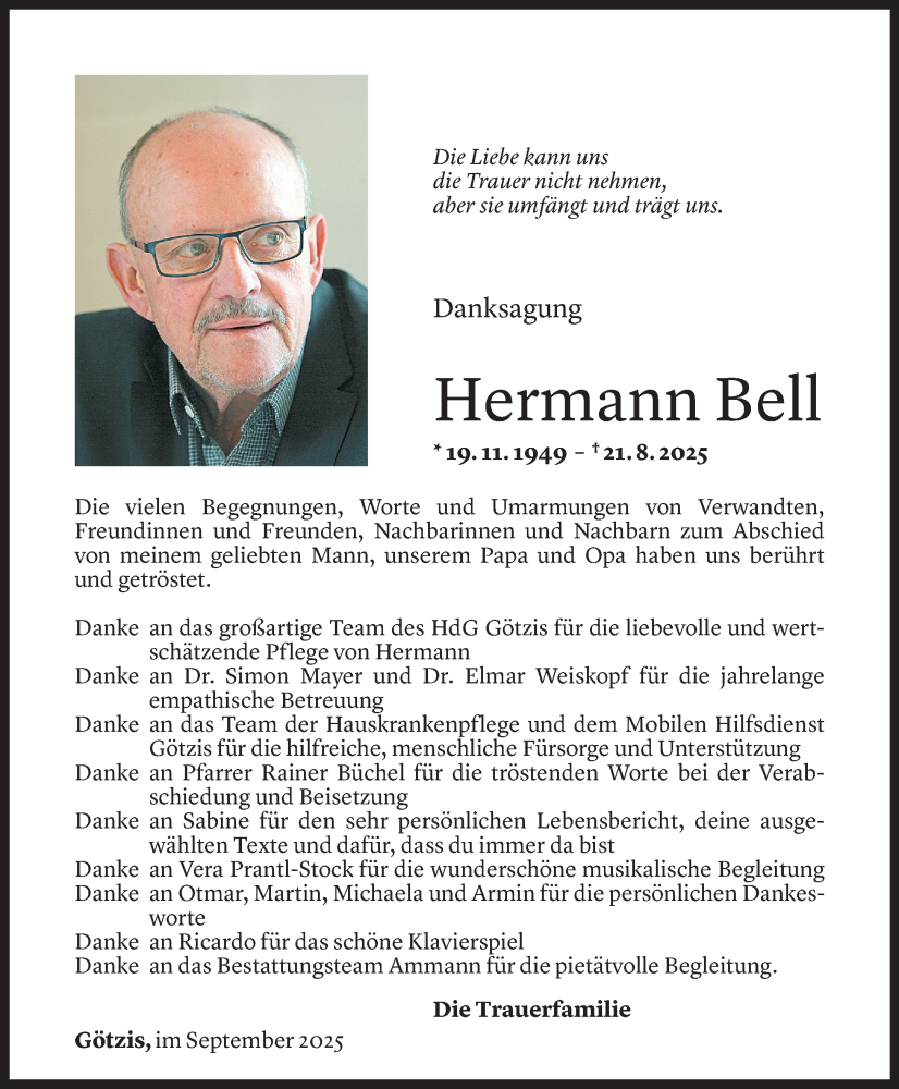  Todesanzeige für Hermann Bell vom 12.09.2025 aus Vorarlberger Nachrichten