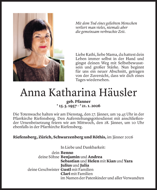 Todesanzeige von Anna Katharina Häusler von Vorarlberger Nachrichten