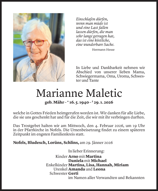 Todesanzeige von Marianne Maletic von Vorarlberger Nachrichten