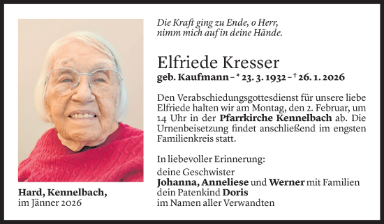 Todesanzeige von Elfriede Kresser von Vorarlberger Nachrichten