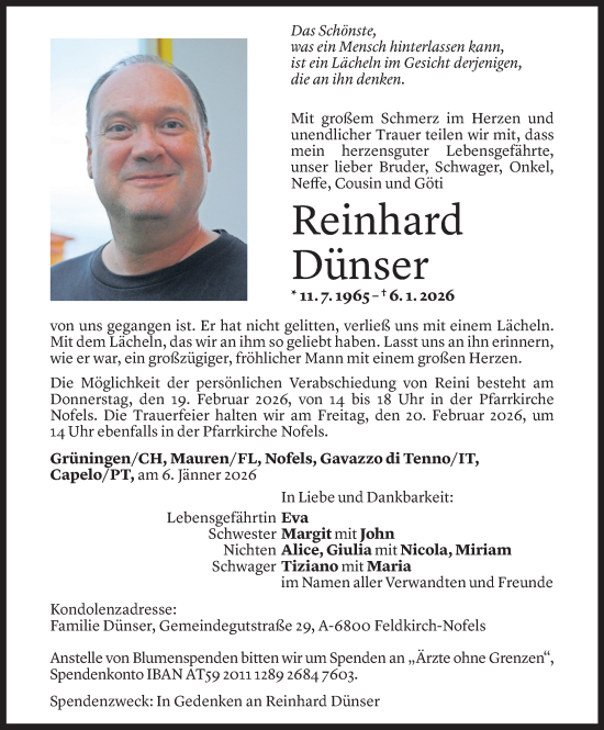 Todesanzeige von Reinhard Dünser von Vorarlberger Nachrichten
