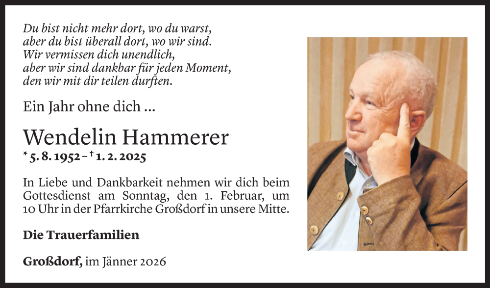  Todesanzeige für Wendelin Hammerer vom 28.01.2026 aus Vorarlberger Nachrichten