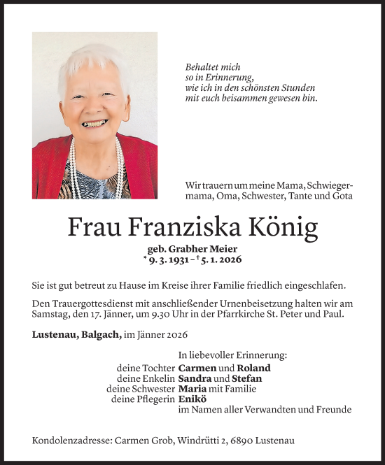 Todesanzeige von Franziska König von Vorarlberger Nachrichten