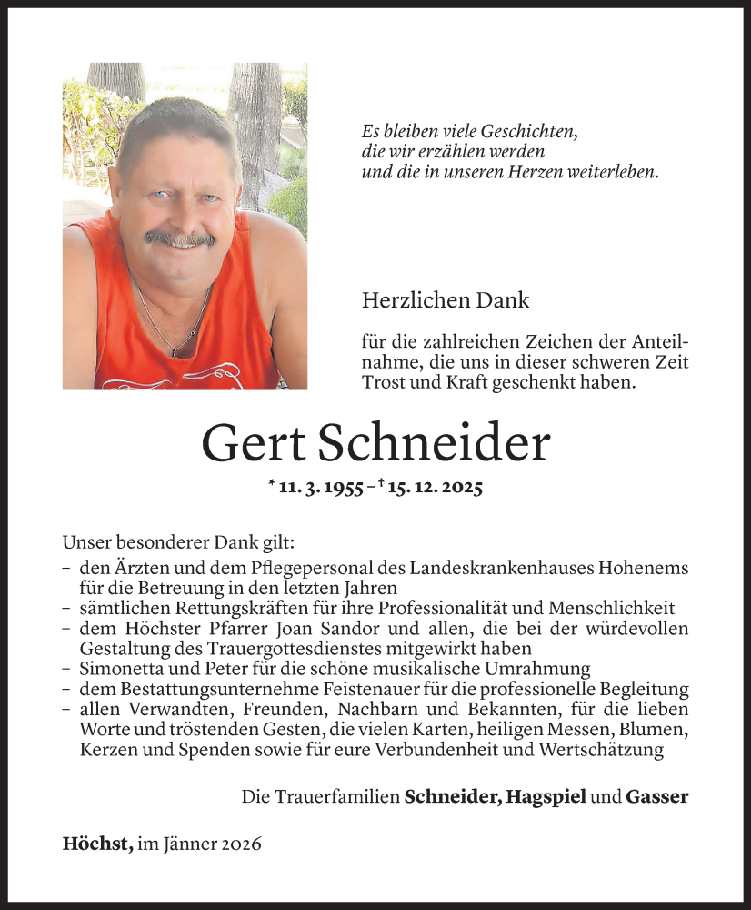  Todesanzeige für Gert Schneider vom 23.01.2026 aus Vorarlberger Nachrichten