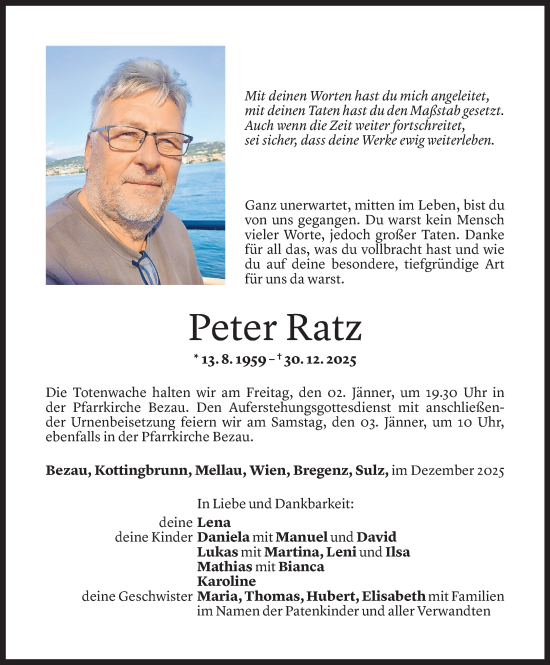 Todesanzeige von Peter Ratz von Vorarlberger Nachrichten