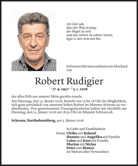 Todesanzeige von Robert Rudigier von Vorarlberger Nachrichten