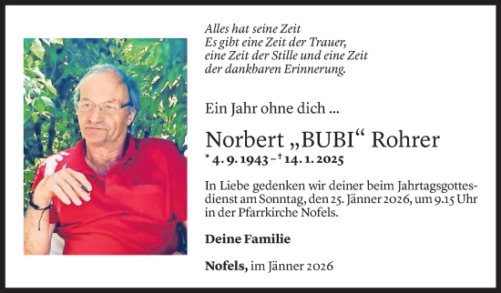 Todesanzeige von Norbert Rohrer von Vorarlberger Nachrichten