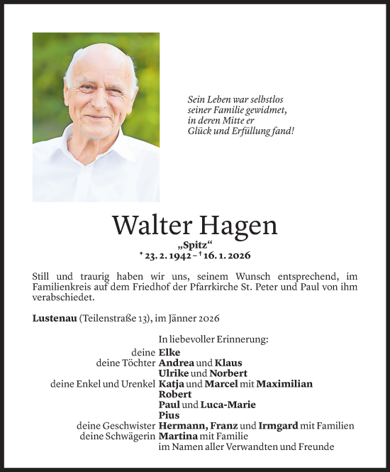 Todesanzeige von Walter Hagen von Vorarlberger Nachrichten
