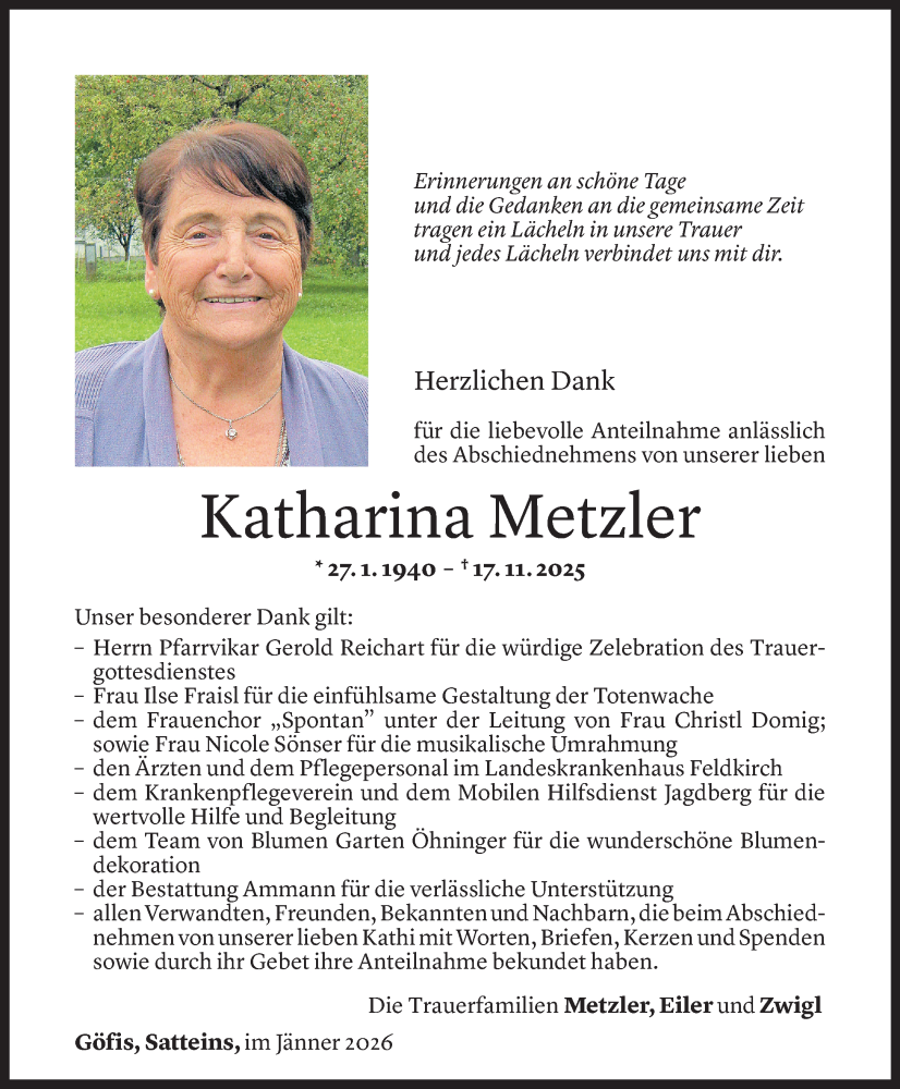  Todesanzeige für Katharina Metzler vom 30.01.2026 aus Vorarlberger Nachrichten