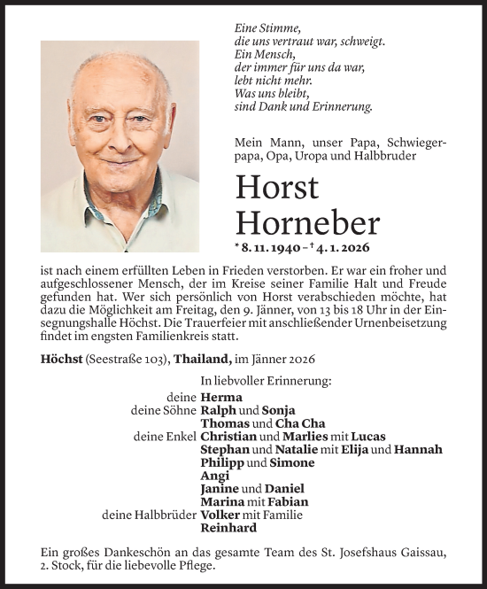 Todesanzeige von Horst Horneber von Vorarlberger Nachrichten