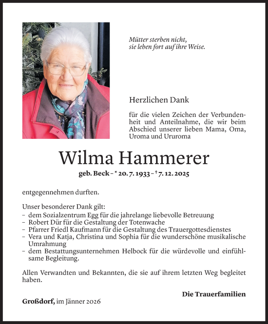 Todesanzeige von Wilma Hammerer von Vorarlberger Nachrichten