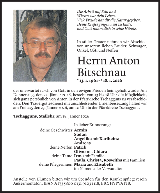 Todesanzeige von Anton Bitschnau von Vorarlberger Nachrichten
