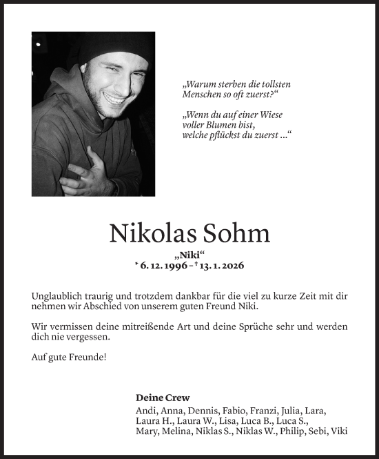 Todesanzeige von Nikolas Sohm von Vorarlberger Nachrichten