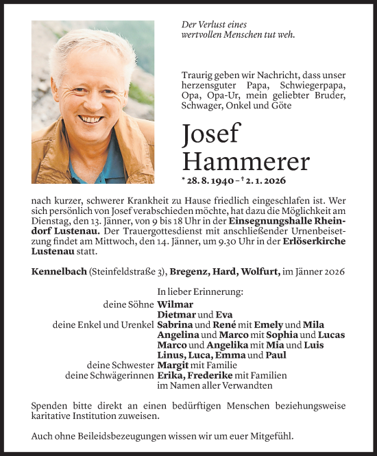 Todesanzeige von Josef Hammerer von Vorarlberger Nachrichten