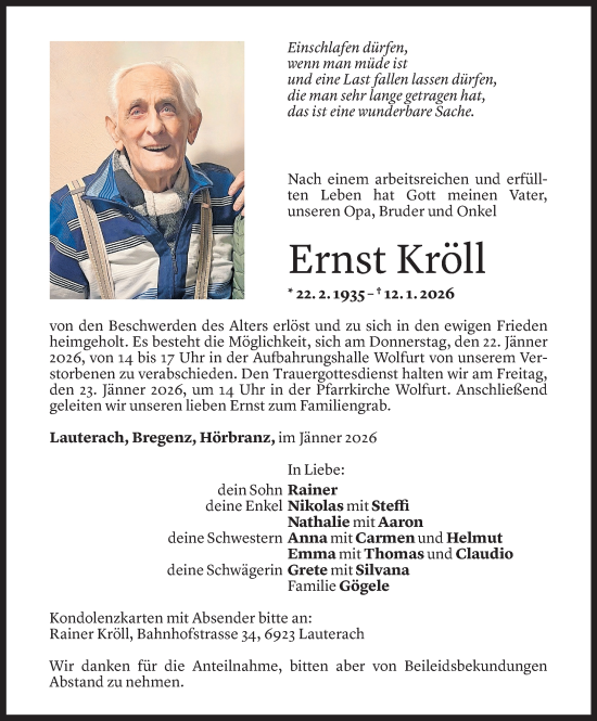 Todesanzeige von Ernst Kröll von Vorarlberger Nachrichten
