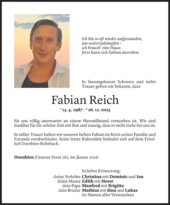 Todesanzeige von Fabian Reich von Vorarlberger Nachrichten
