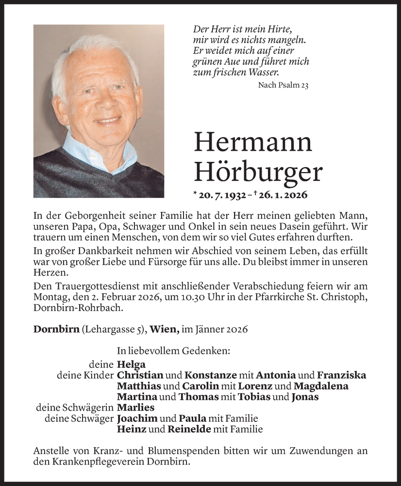  Todesanzeige für Hermann Hörburger vom 29.01.2026 aus Vorarlberger Nachrichten