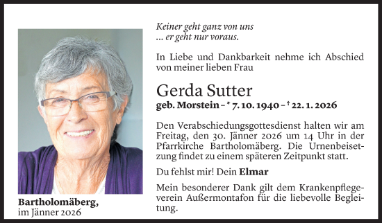 Todesanzeige von Gerda Sutter von Vorarlberger Nachrichten