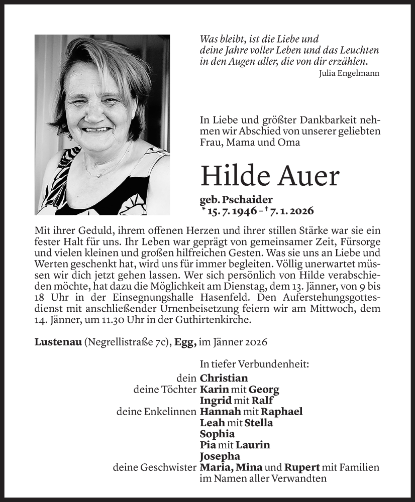  Todesanzeige für Hilde Auer vom 09.01.2026 aus Vorarlberger Nachrichten