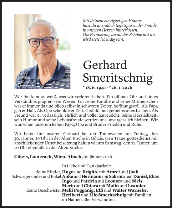 Todesanzeige von Gerhard Smeritschnig von Vorarlberger Nachrichten