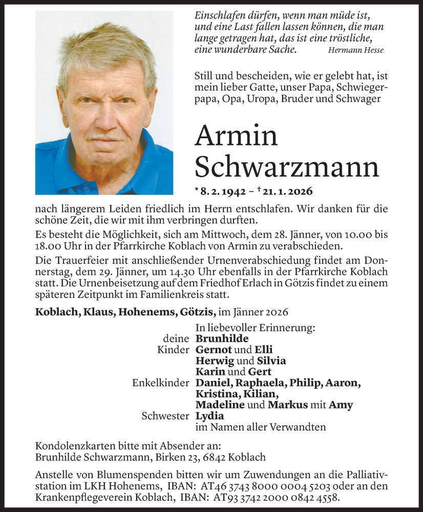  Todesanzeige für Armin Schwarzmann vom 23.01.2026 aus Vorarlberger Nachrichten