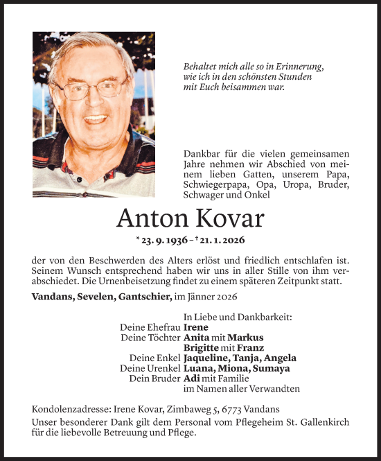Todesanzeige von Anton Kovar von Vorarlberger Nachrichten