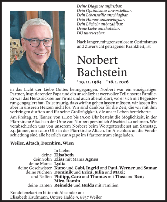 Todesanzeige von Norbert Bachstein von Vorarlberger Nachrichten