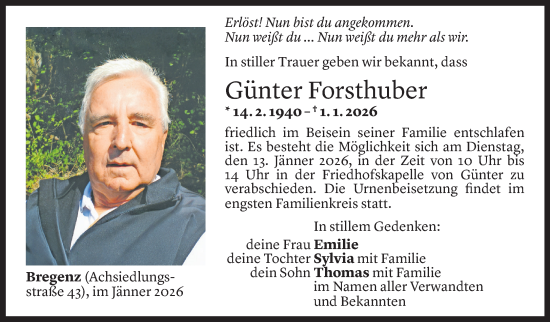 Todesanzeige von Günter Forsthuber von Vorarlberger Nachrichten