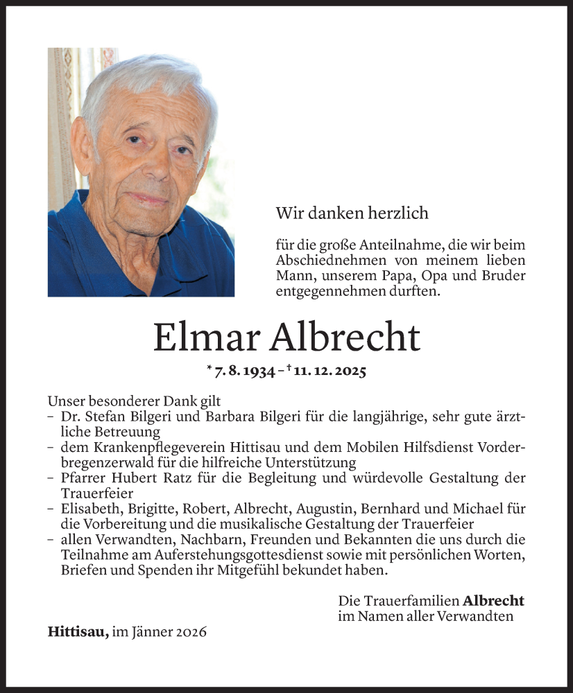  Todesanzeige für Elmar Albrecht vom 27.01.2026 aus Vorarlberger nachrichten