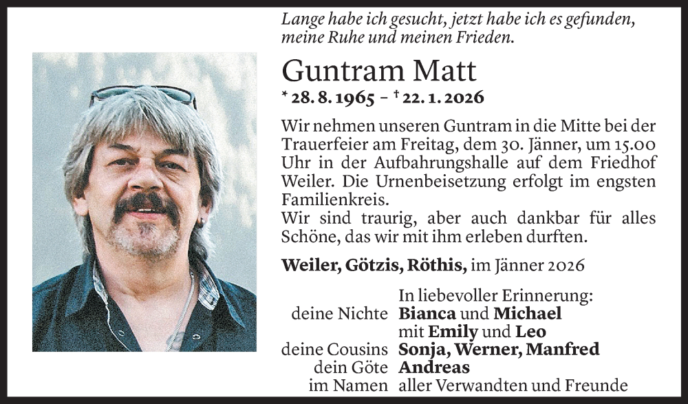  Todesanzeige für Guntram Matt vom 27.01.2026 aus VN