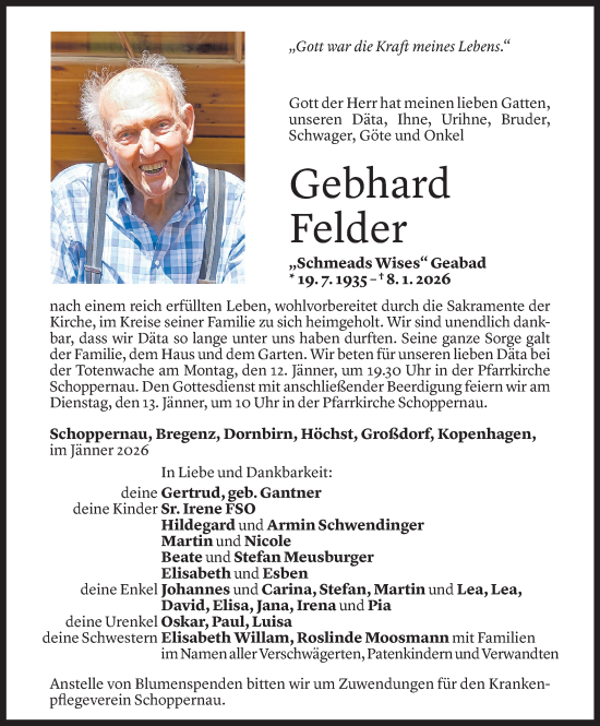 Todesanzeige von Gebhard Felder von Vorarlberger nachrichten