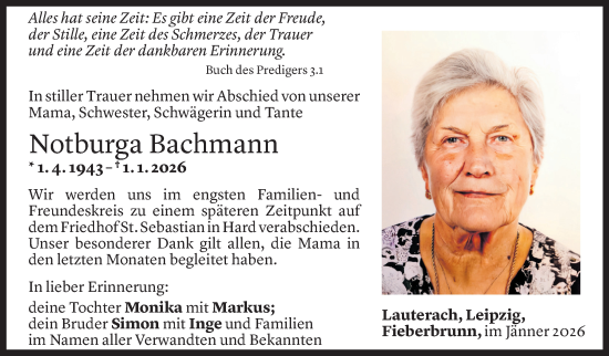 Todesanzeige von Notburga Bachmann von Vorarlberger Nachrichten