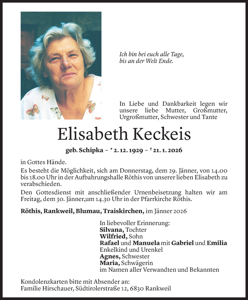  Todesanzeige für Elisabeth Keckeis vom 23.01.2026 aus Vorarlberger Nachrichten