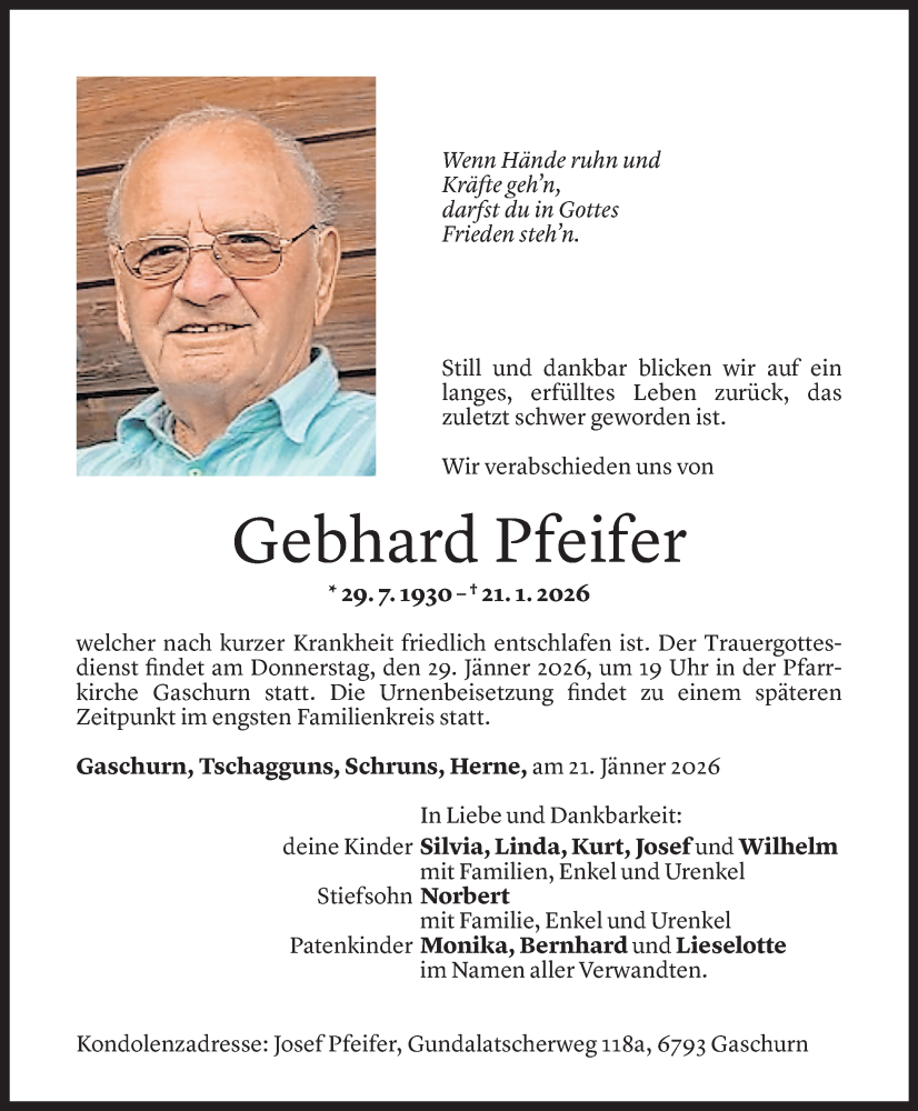  Todesanzeige für Gebhard Pfeifer vom 25.01.2026 aus Vorarlberger Nachrichten