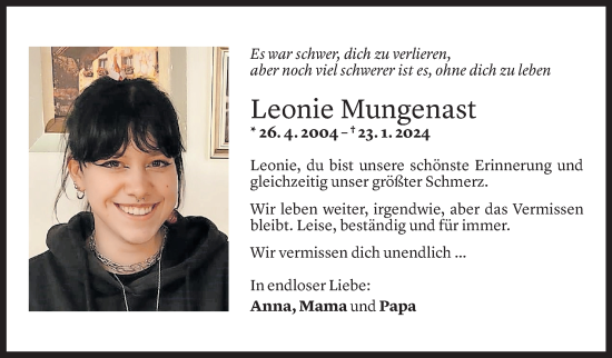 Todesanzeige von Leonie Mungenast von Vorarlberger Nachrichten