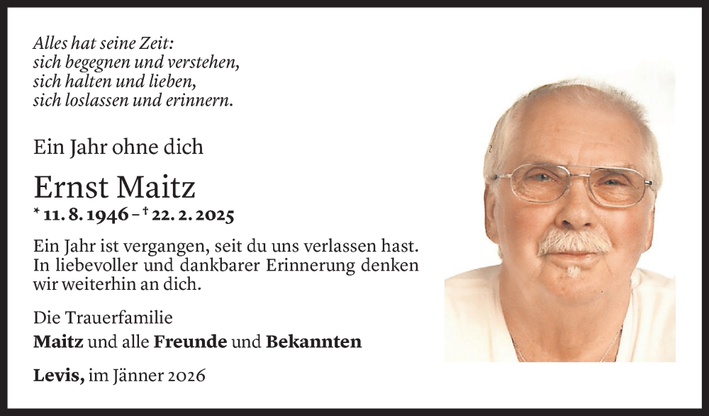  Todesanzeige für Ernst Maitz vom 19.02.2026 aus Vorarlberger Nachrichten