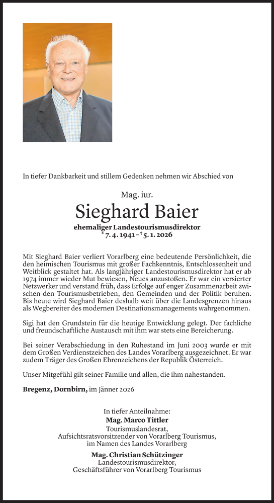 Todesanzeige von Sieghard Baier von Vorarlberger Nachrichten