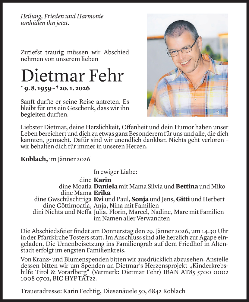  Todesanzeige für Dietmar Fehr vom 23.01.2026 aus Vorarlberger Nachrichten