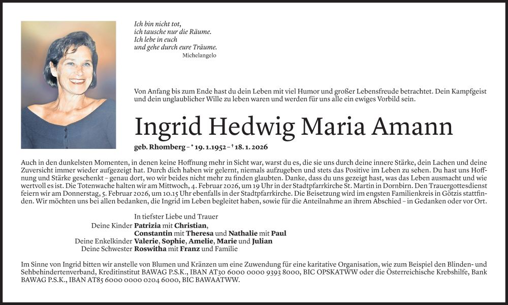  Todesanzeige für Ingrid Hedwig Maria Amann vom 30.01.2026 aus Vorarlberger Nachrichten