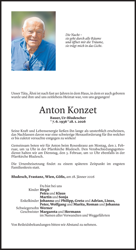  Todesanzeige für Anton Konzet vom 29.01.2026 aus Vorarlberger Nachrichten