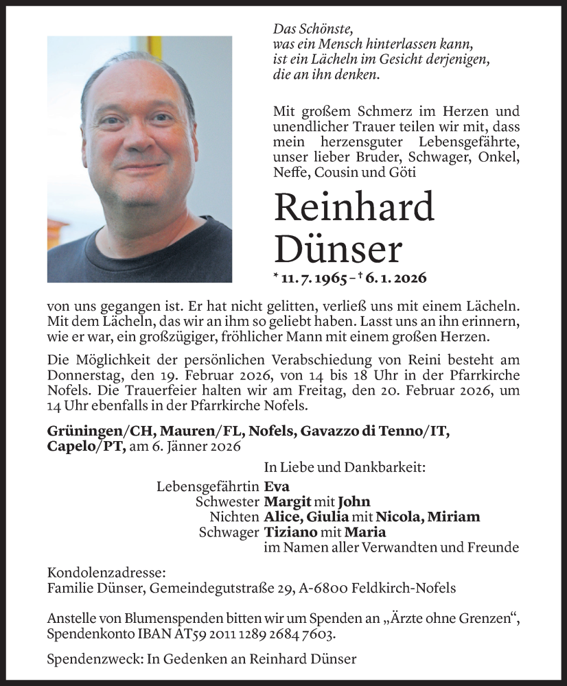  Todesanzeige für Reinhard Dünser vom 13.02.2026 aus Vorarlberger Nachrichten