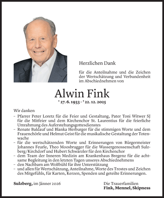 Todesanzeige von Alwin Fink von Vorarlberger Nachrichten