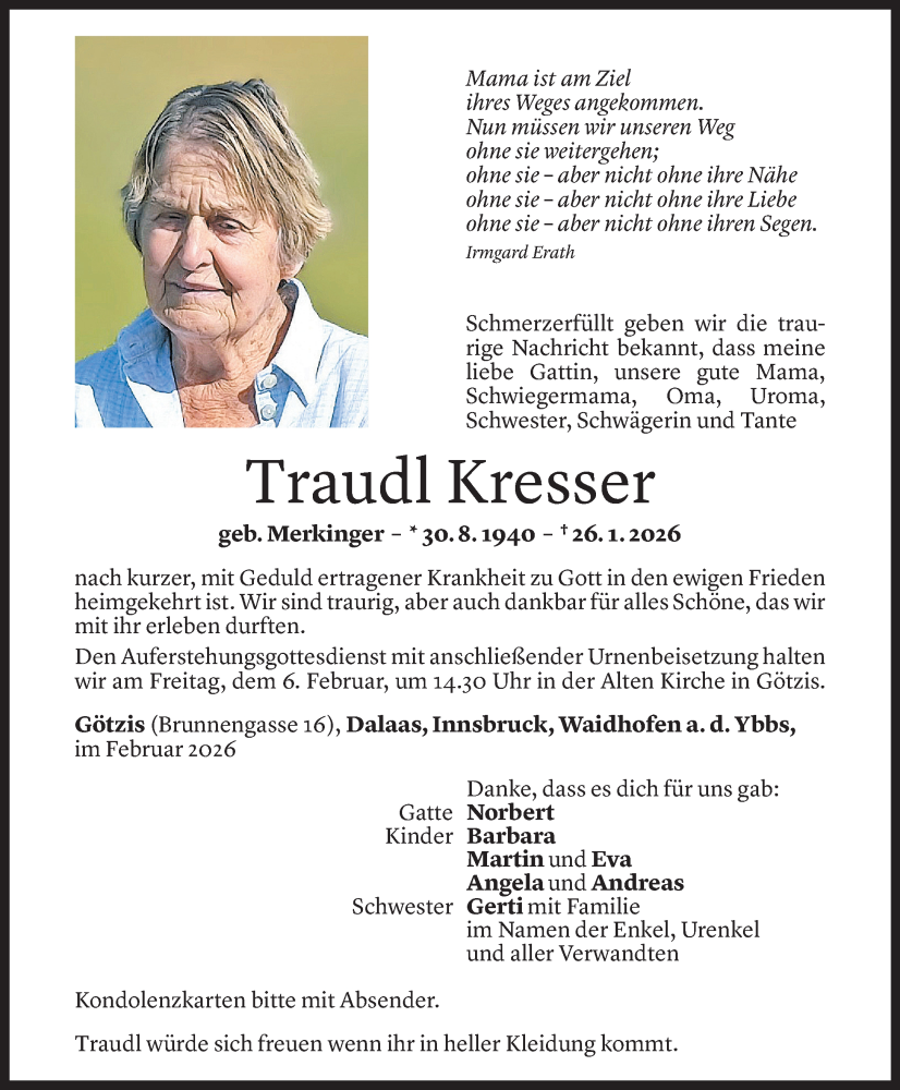  Todesanzeige für Traudl Kresser vom 28.01.2026 aus Vorarlberger Nachrichten