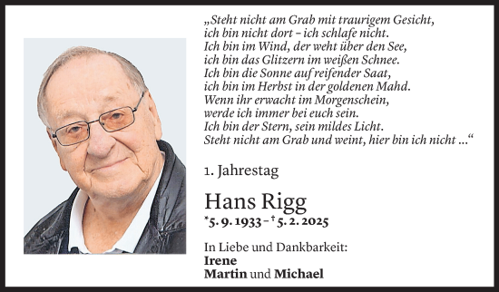 Todesanzeige von Hans Rigg von Vorarlberger Nachrichten