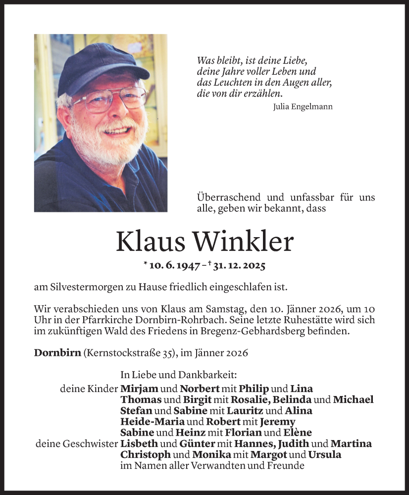  Todesanzeige für Klaus Winkler vom 06.01.2025 aus Vorarlberger Nachrichten