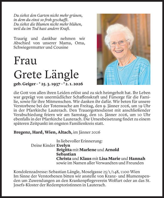 Todesanzeige von Grete Längle von Vorarlberger Nachrichten