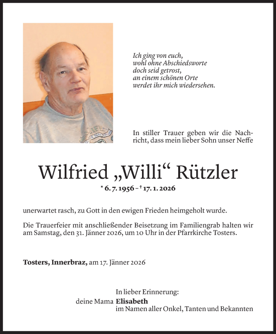 Todesanzeige von Wilfried Rützler von Vorarlberger Nachrichten