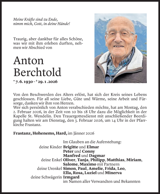 Todesanzeige von Anton Berchtold von Vorarlberger Nachrichten